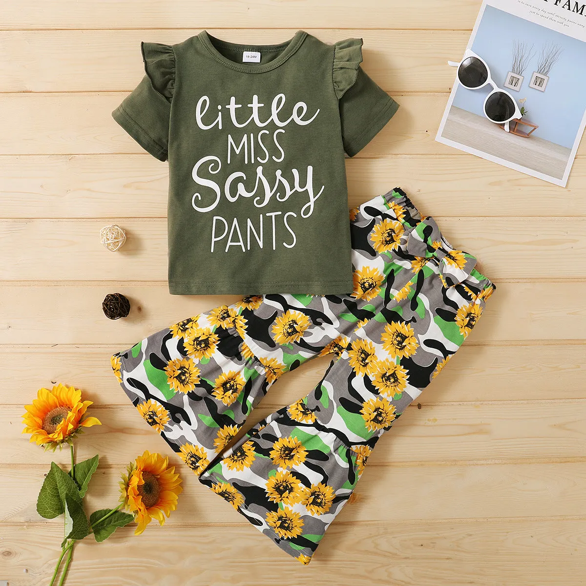 Kid Girls Summer Solid Color Letters Short-sleeved T-shirt Sunflower Flared Pants Set