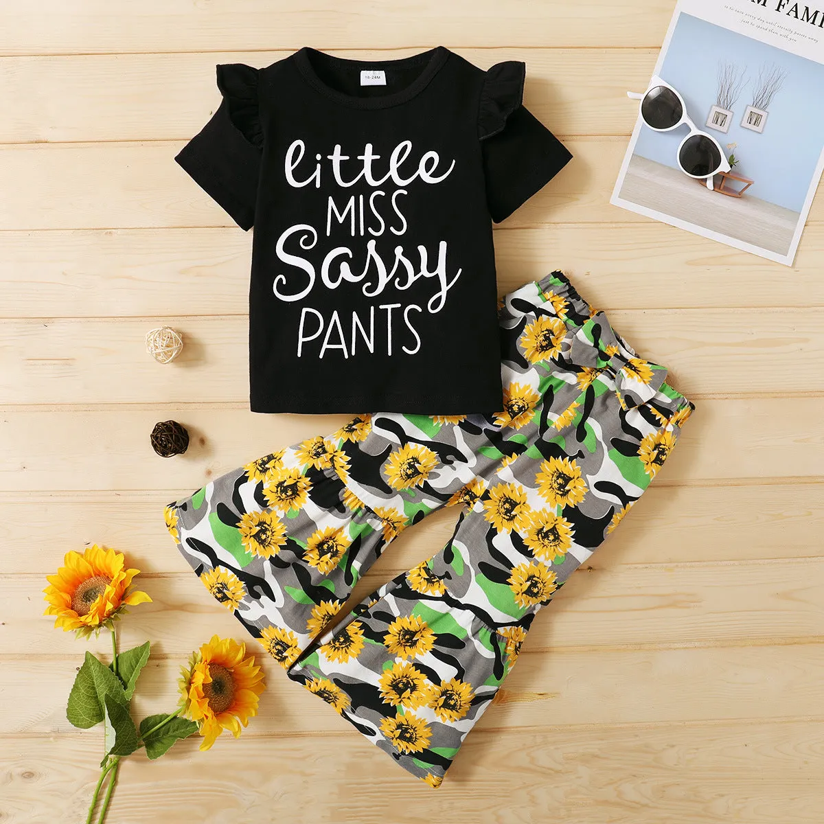 Kid Girls Summer Solid Color Letters Short-sleeved T-shirt Sunflower Flared Pants Set