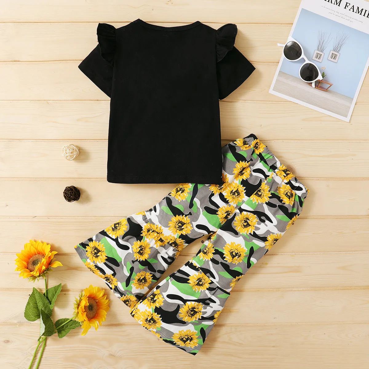 Kid Girls Summer Solid Color Letters Short-sleeved T-shirt Sunflower Flared Pants Set