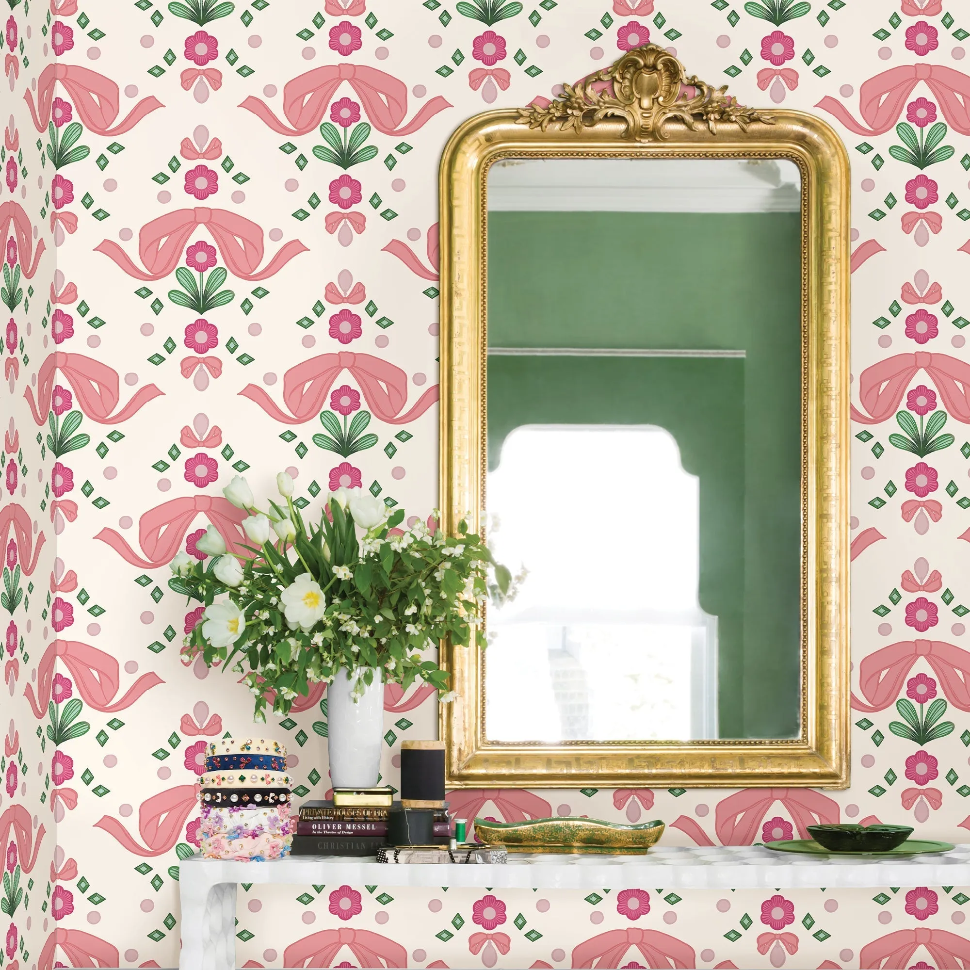 LELE SADOUGHI X NUWALLPAPER BY WALLPOPS BOW DAMASK PINK PEEL AND STICK WALLPAPER