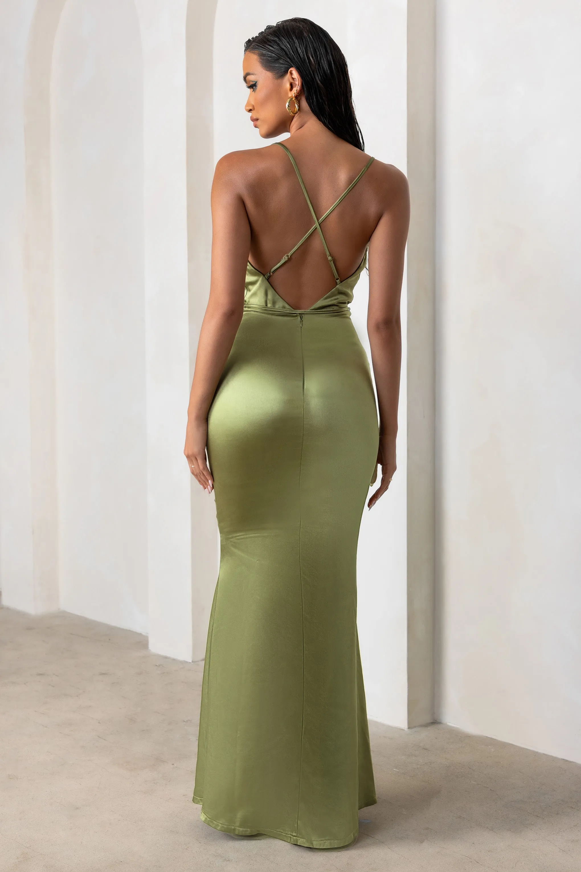 Lifetime | Olive Satin Cowl Neck Maxi Dress With Cross Back Detail