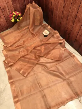 Light Copper Color Designer Tissue Silk with Zari Check