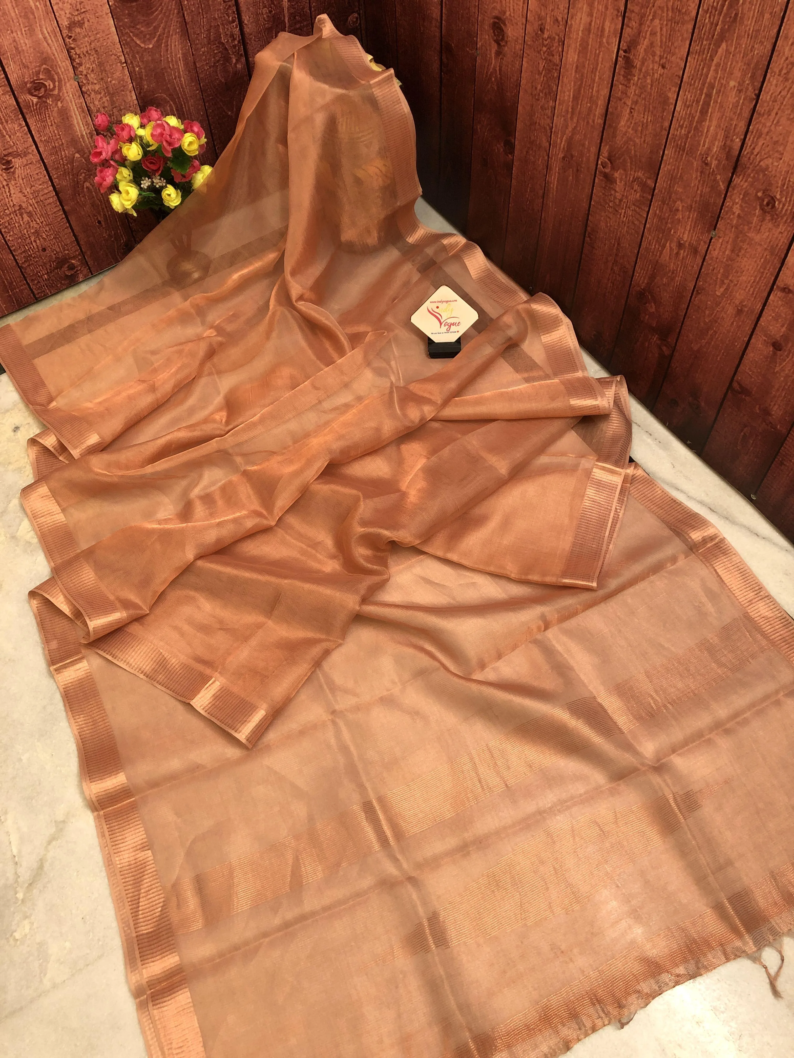 Light Copper Color Designer Tissue Silk with Zari Check