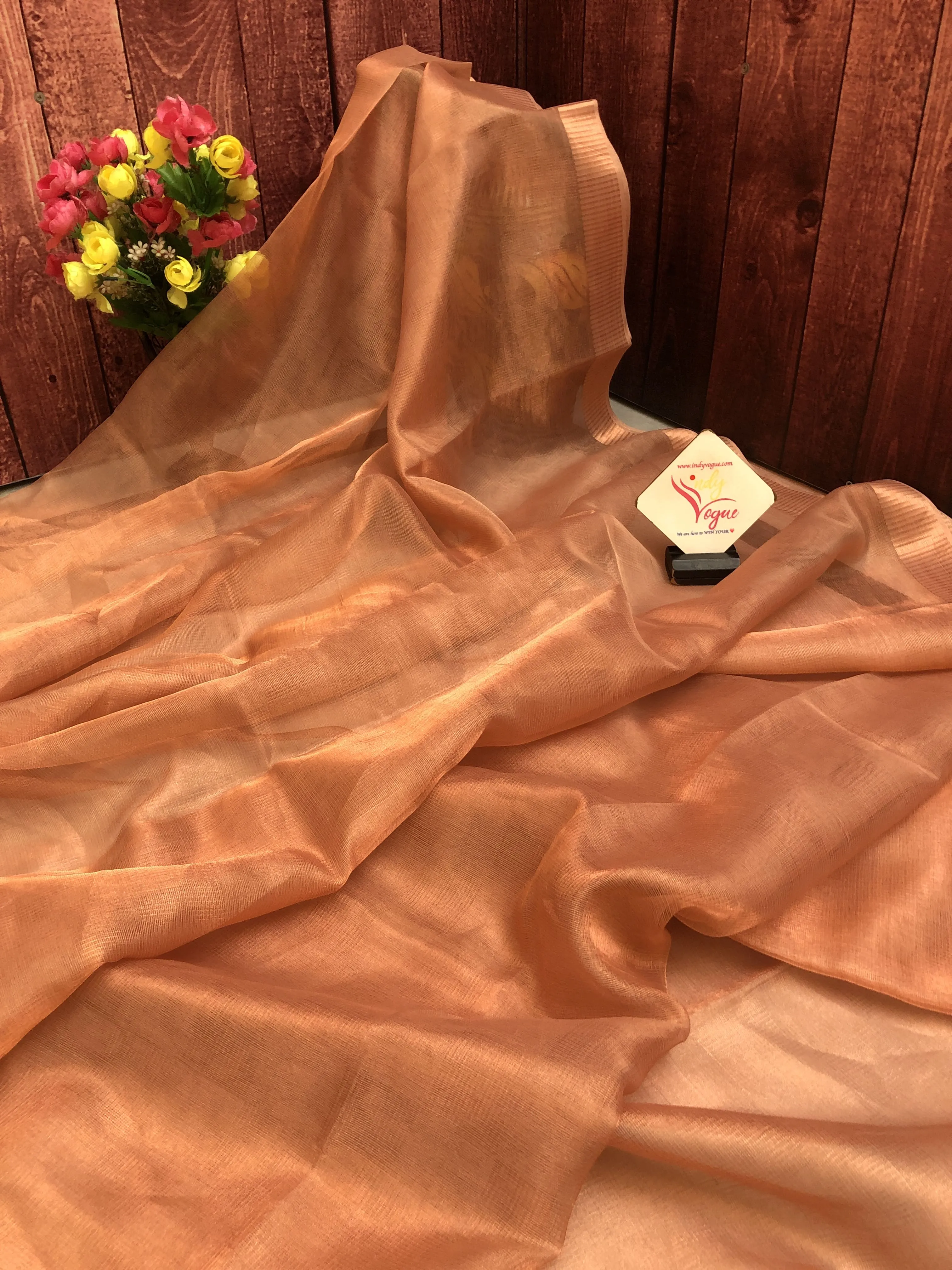 Light Copper Color Designer Tissue Silk with Zari Check