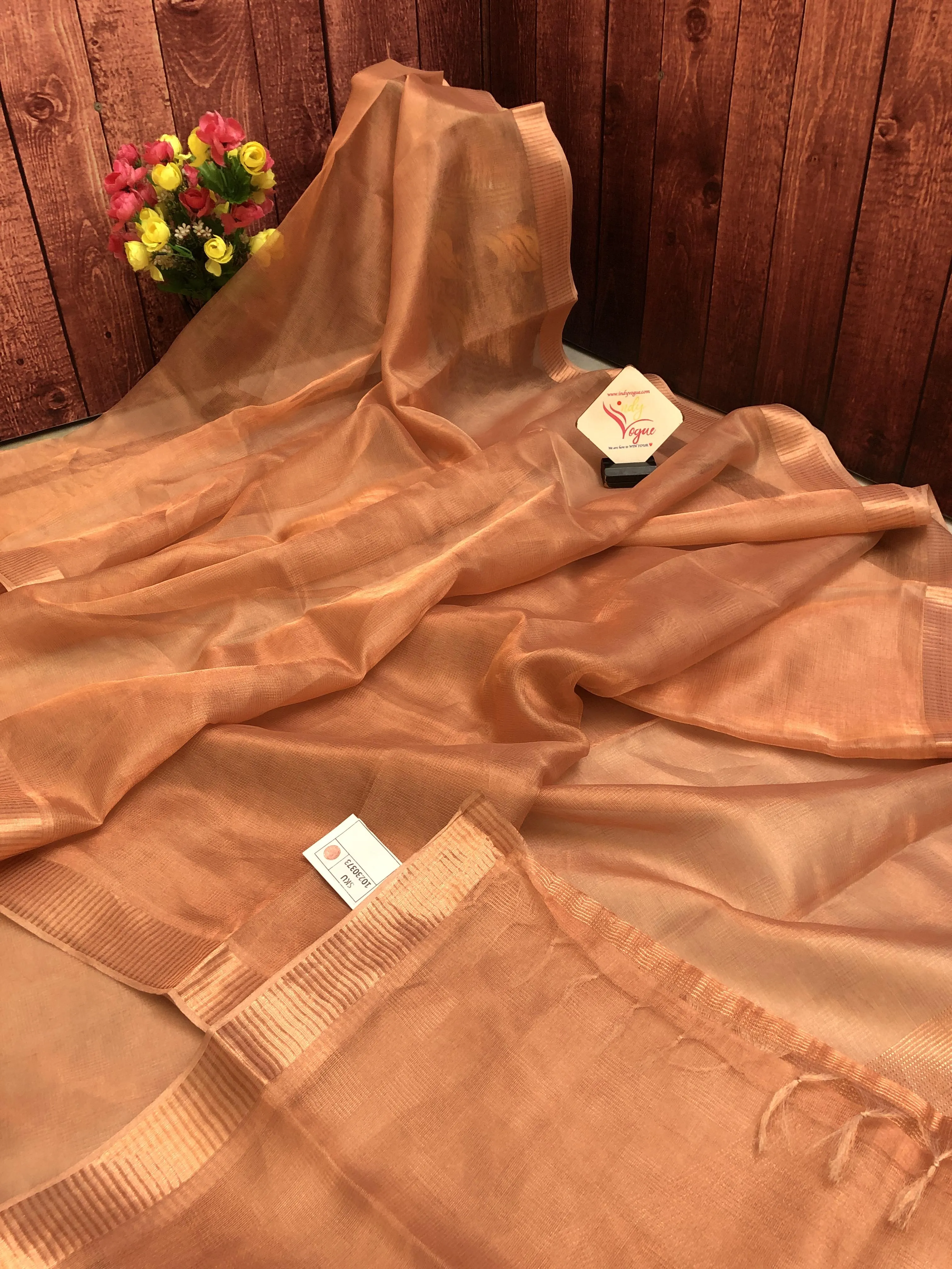 Light Copper Color Designer Tissue Silk with Zari Check