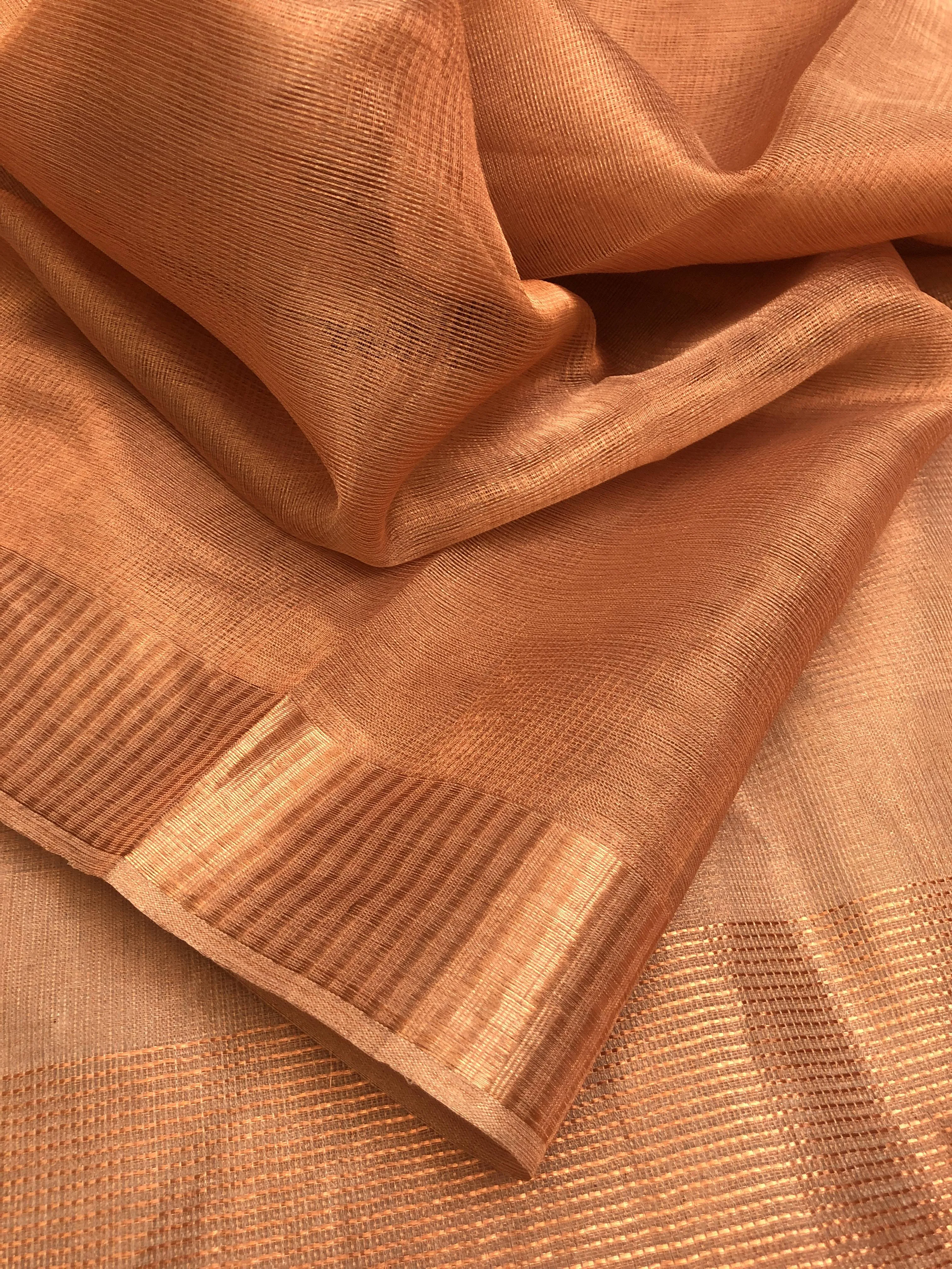 Light Copper Color Designer Tissue Silk with Zari Check