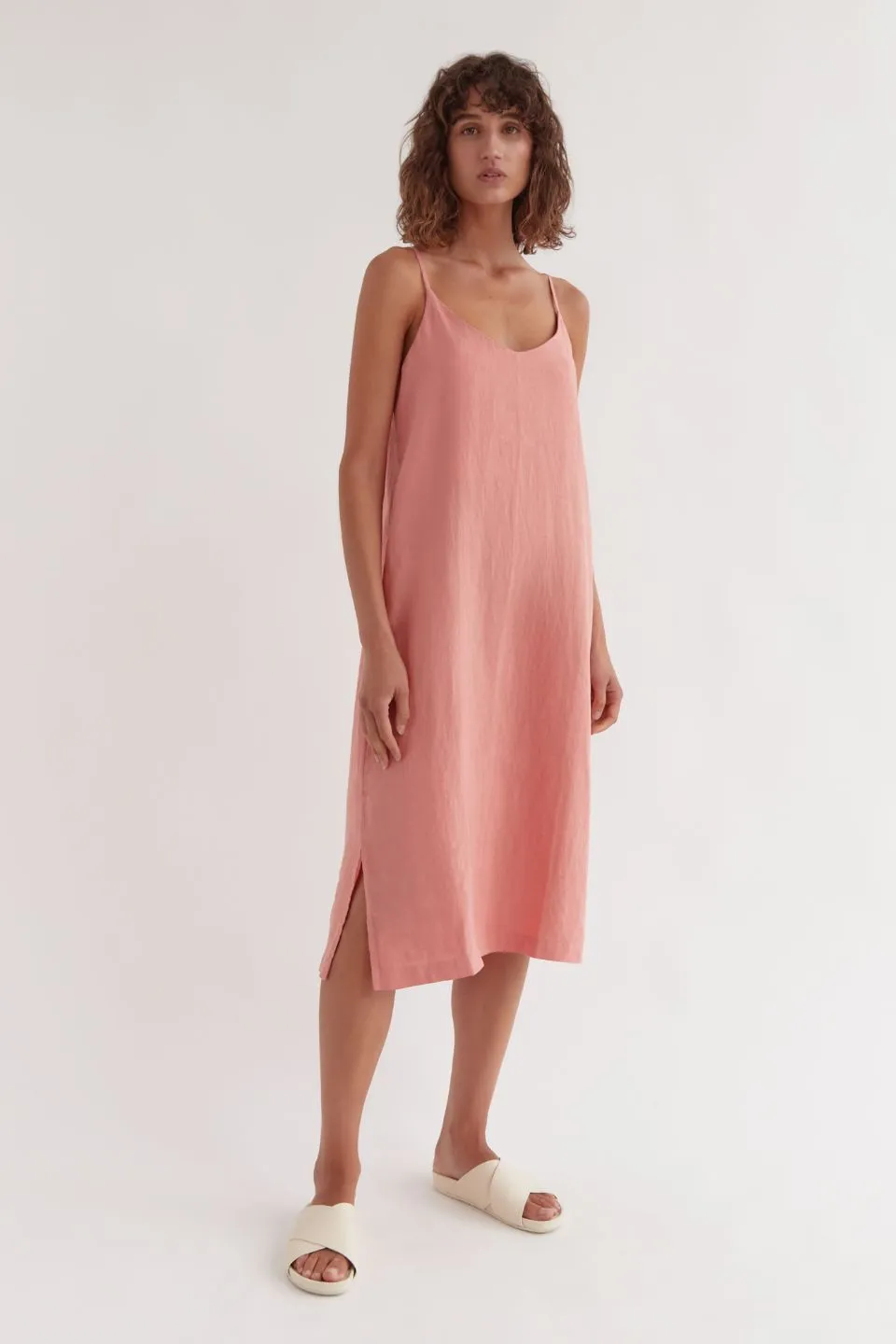 Linen Strappy Washed Red Midi Slip Dress