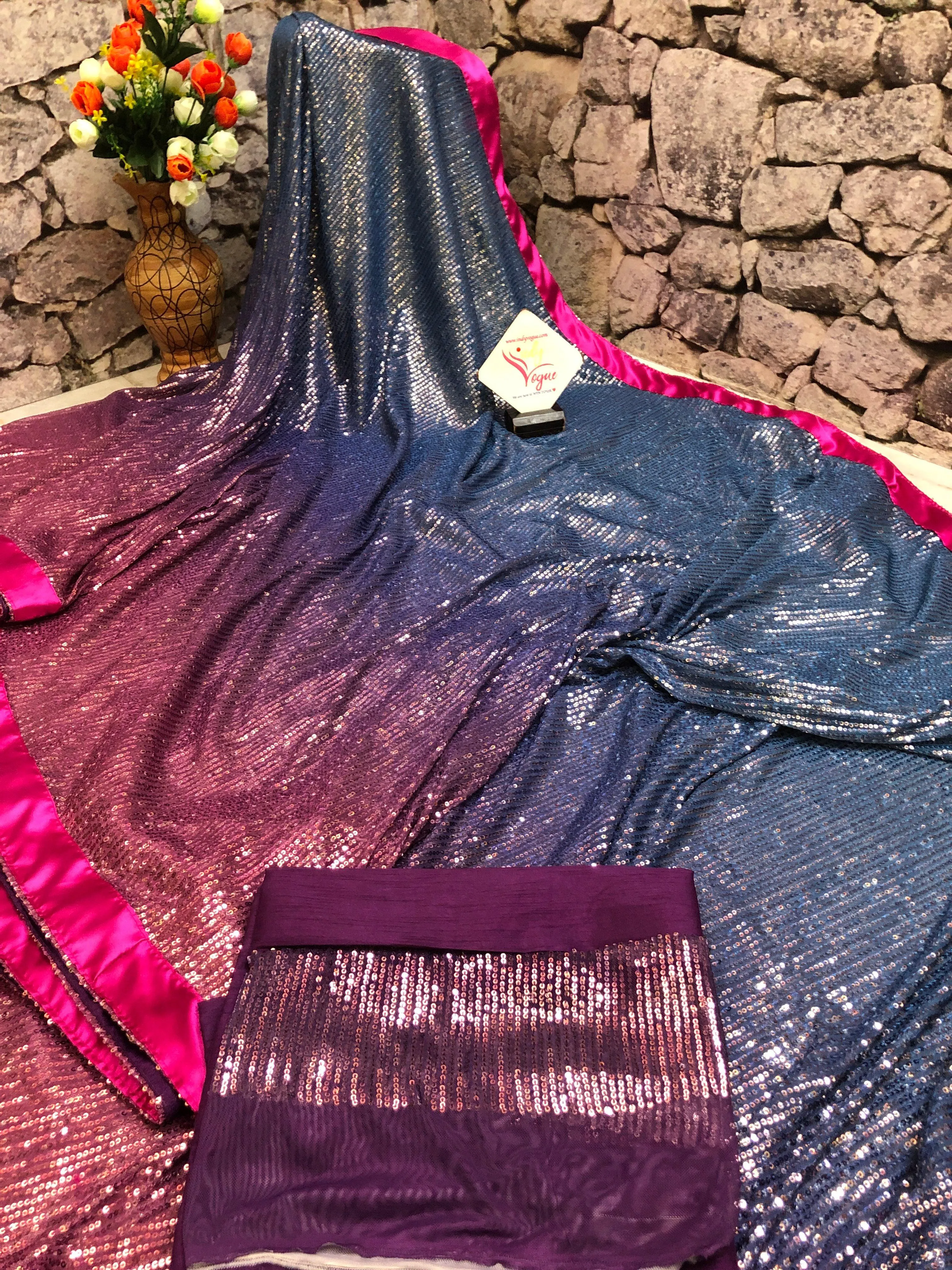 Magenta and Space Blue Color Designer Net Saree with Sequin Work