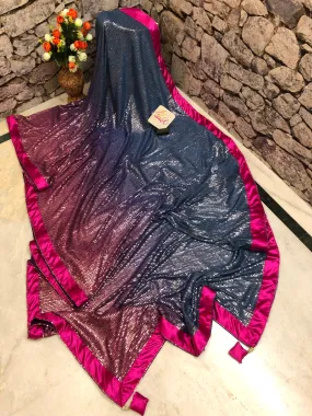 Magenta and Space Blue Color Designer Net Saree with Sequin Work