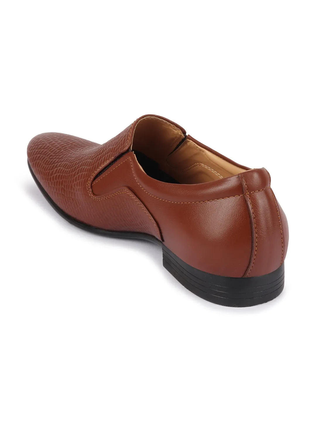 Men Tan Embossed Design Formal Leather Slip On Shoes