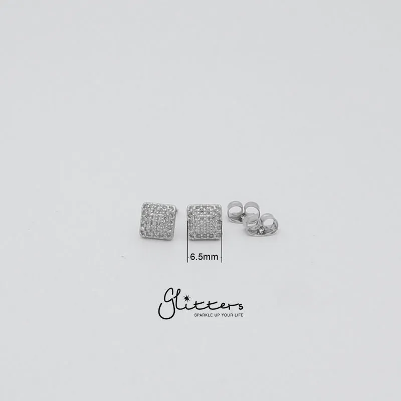 Micro Cubic Zirconia Paved Square Stud Earrings with Sterling Silver Post