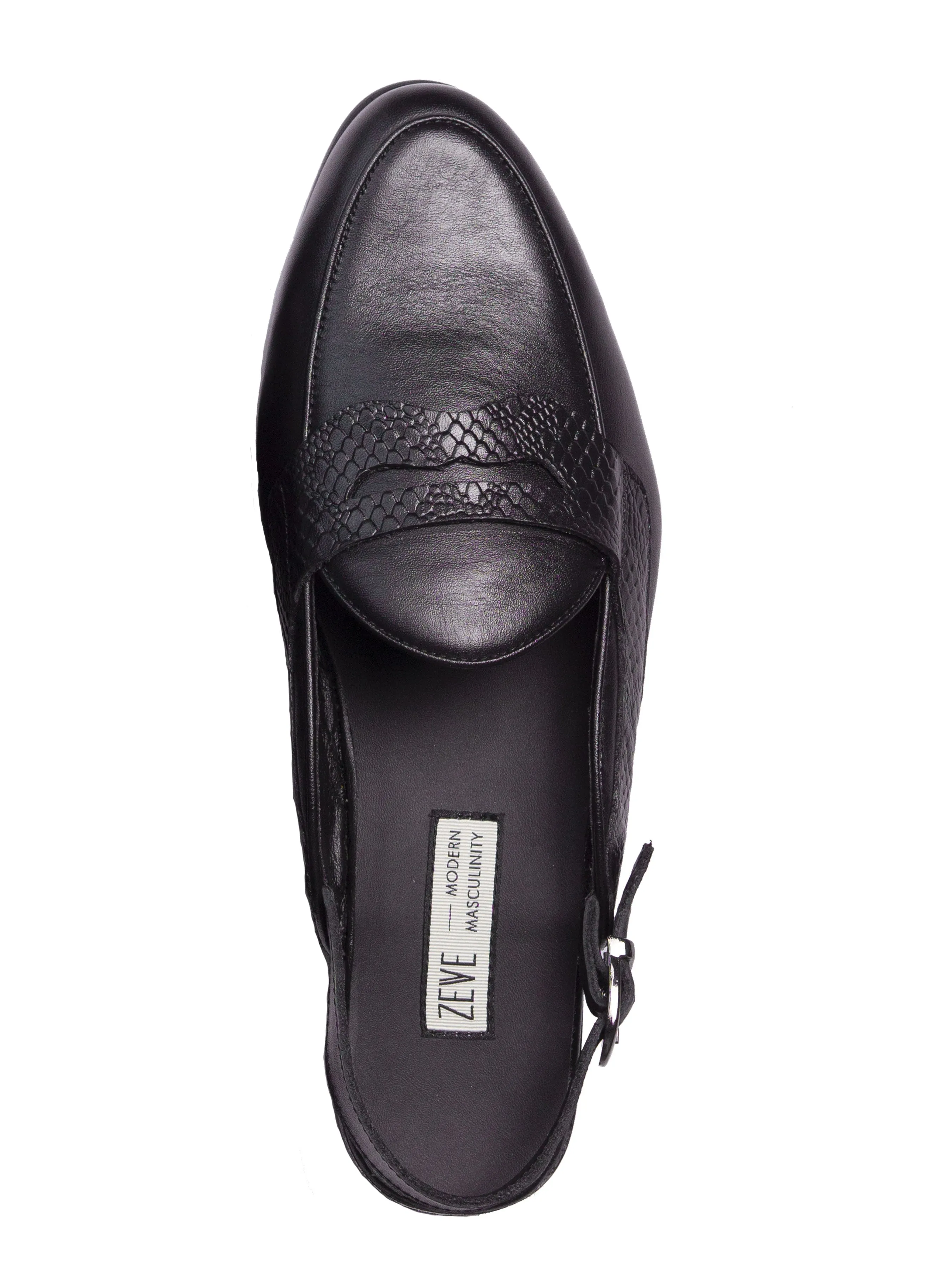 Mules Belgian Penny Slingback Strap - Black Leather (Phyton Embossed Strap)