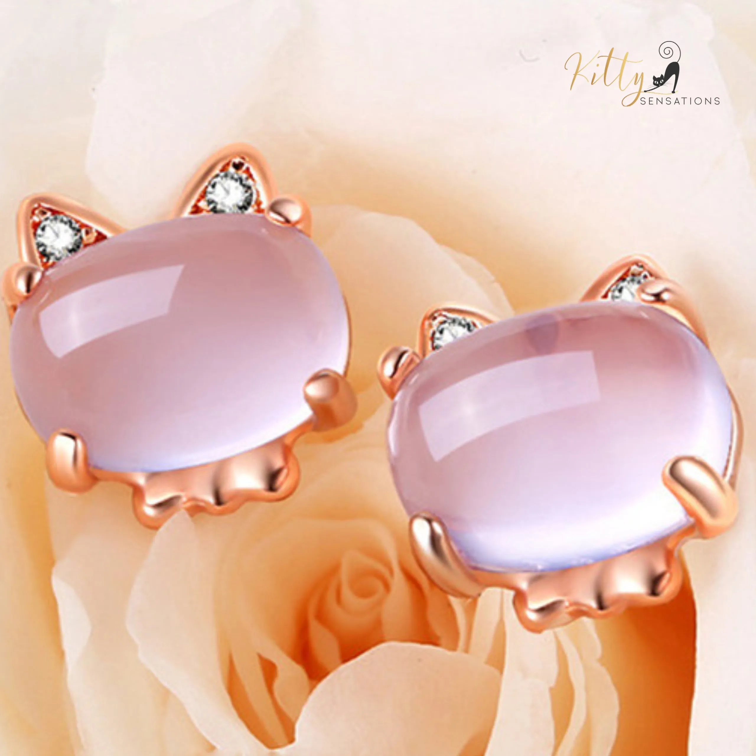 Opal Cat Stud Earrings (14K Rose Gold Plated)