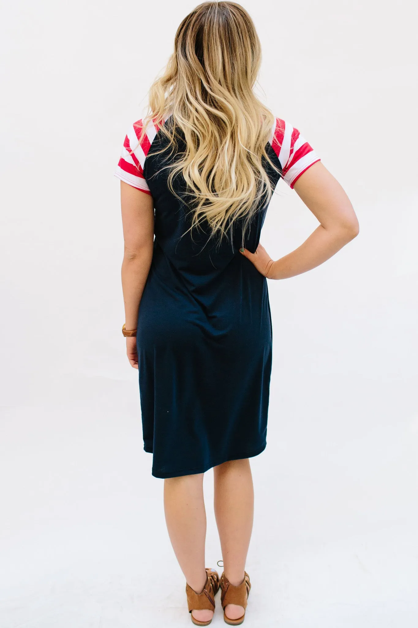 Patriotic Tee Dresses: Navy Body with Red Stripe Sleeves