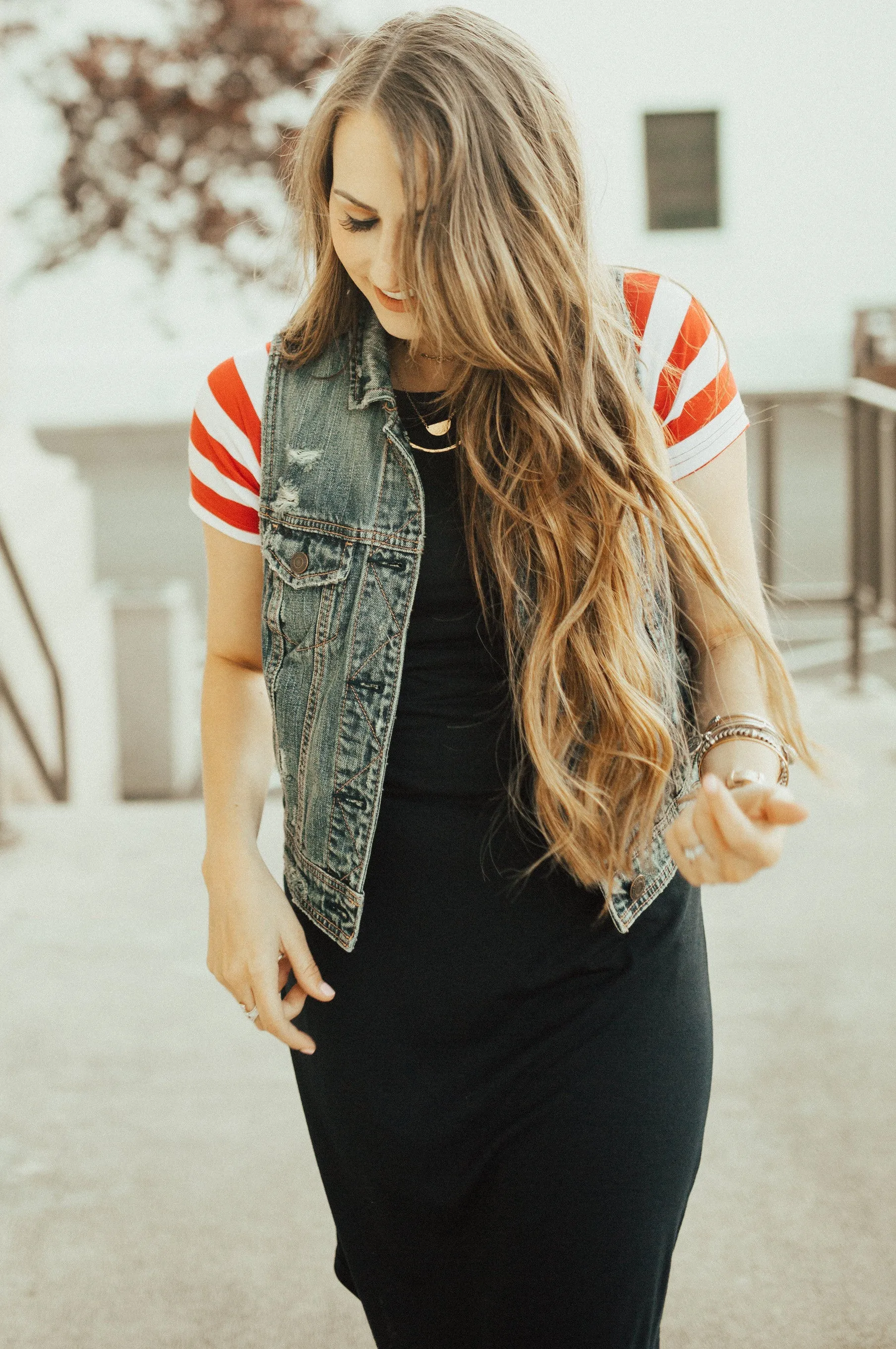 Patriotic Tee Dresses: Navy Body with Red Stripe Sleeves