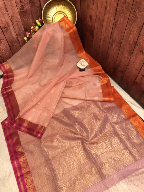 Peach Pink Color Resham Kota Handloom Saree with Ganga Jamuna Border