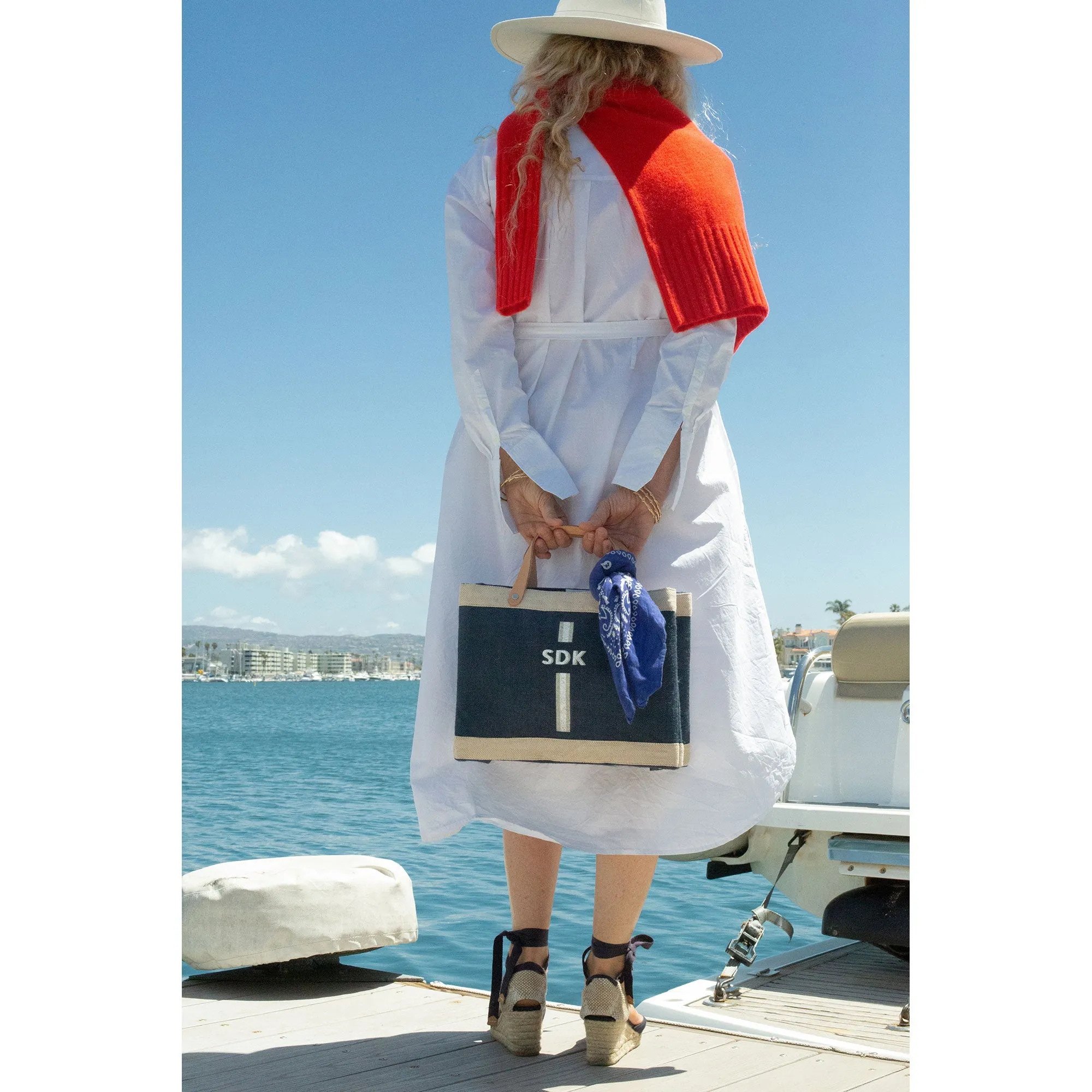 Petite Market Bag in Navy with Monogram