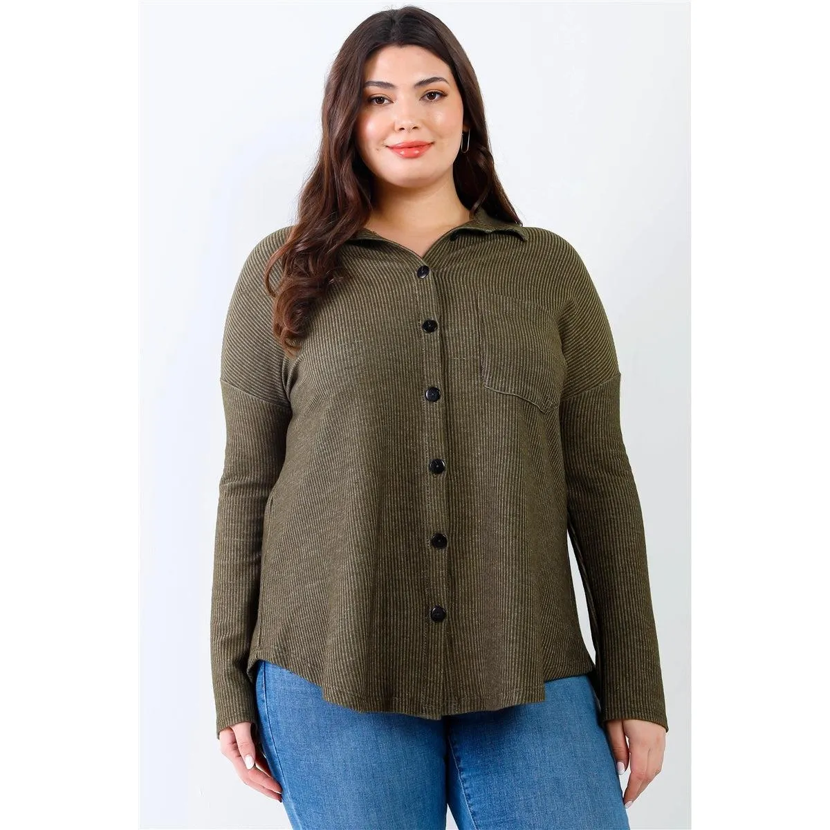 Plus Black Ribbed Collared Button Up Shirt Top