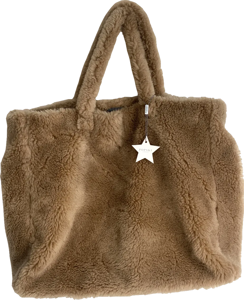 Popski Brown Wool Shearling The Teddy Large Tote  Bag