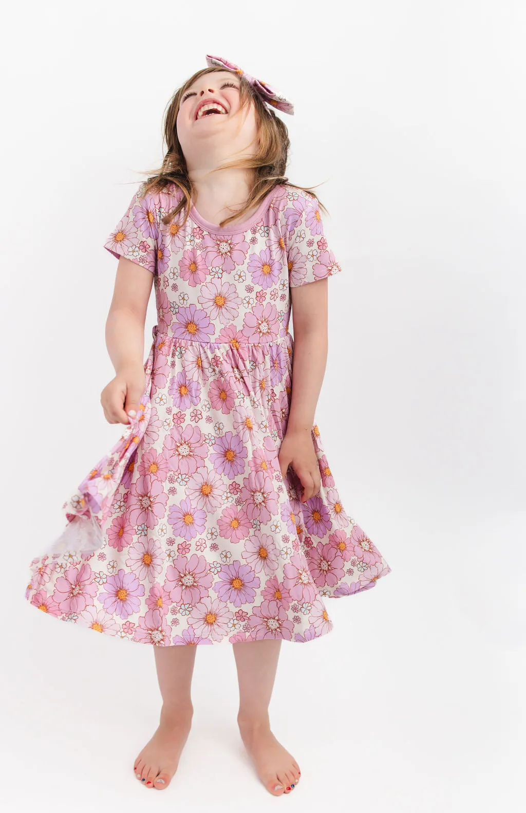 Powerful in Pink (Flower)  Short Sleeve Big Kid Twirl Dress