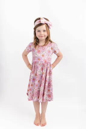 Powerful in Pink (Flower)  Short Sleeve Big Kid Twirl Dress