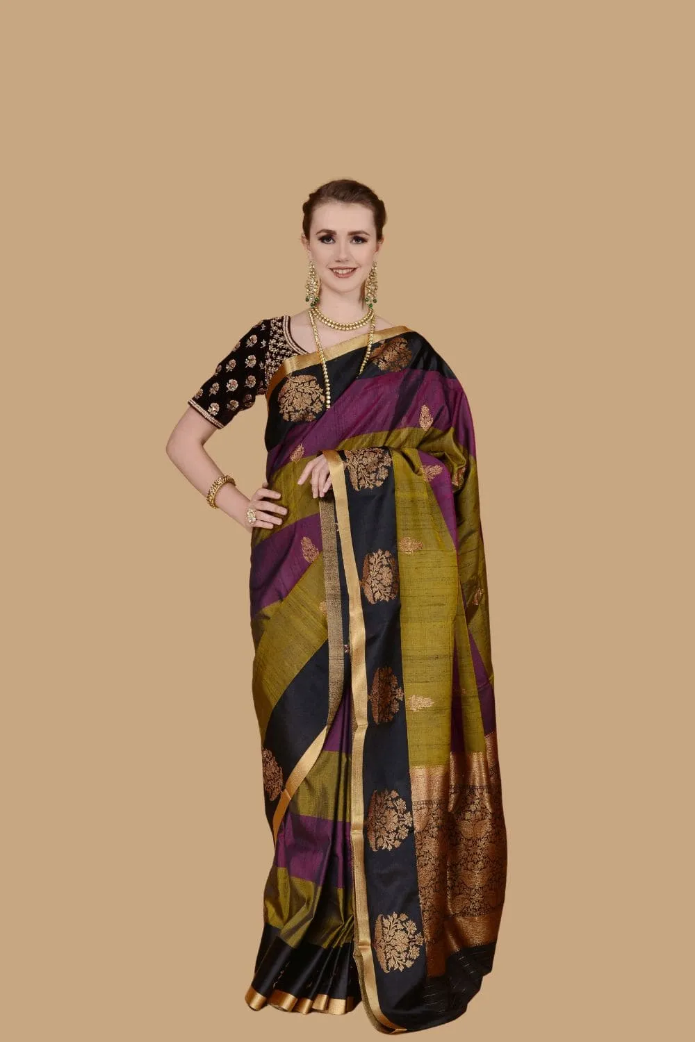 Purple Black and Olive Stripes Saree