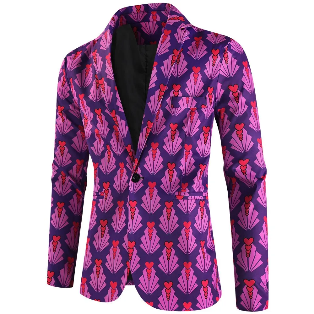 Purple Cute Suits Men's Heart Cup Print Blazer Slim Masculimo Vinatge Dress Club Suit Jackets Homme