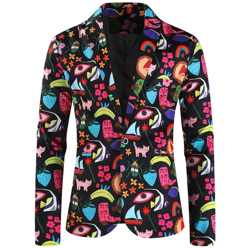 Purple Cute Suits Men's Heart Cup Print Blazer Slim Masculimo Vinatge Dress Club Suit Jackets Homme