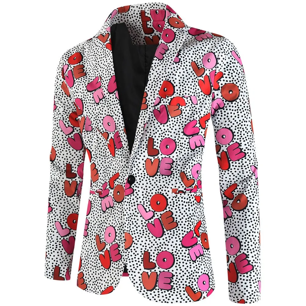 Purple Cute Suits Men's Heart Cup Print Blazer Slim Masculimo Vinatge Dress Club Suit Jackets Homme