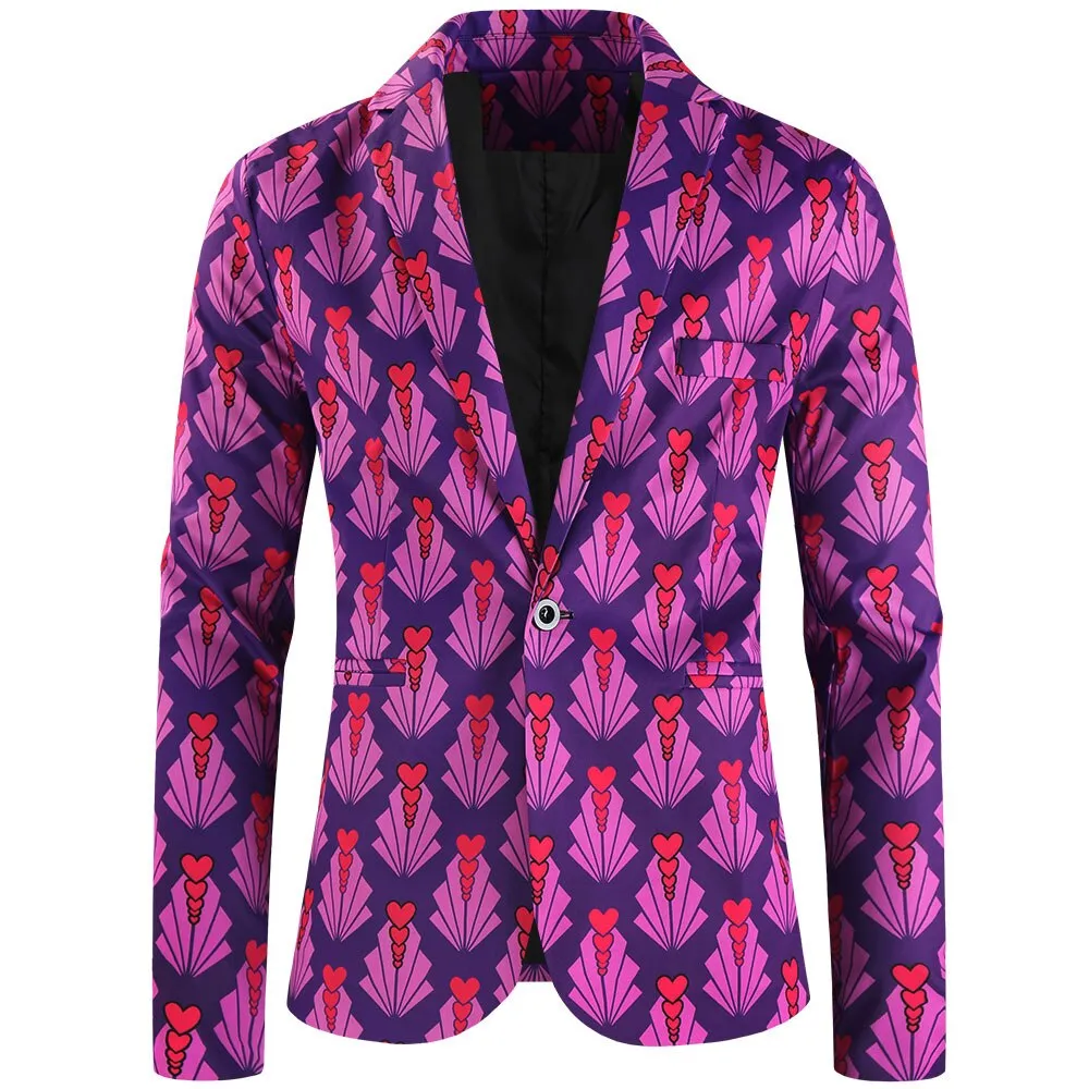 Purple Cute Suits Men's Heart Cup Print Blazer Slim Masculimo Vinatge Dress Club Suit Jackets Homme