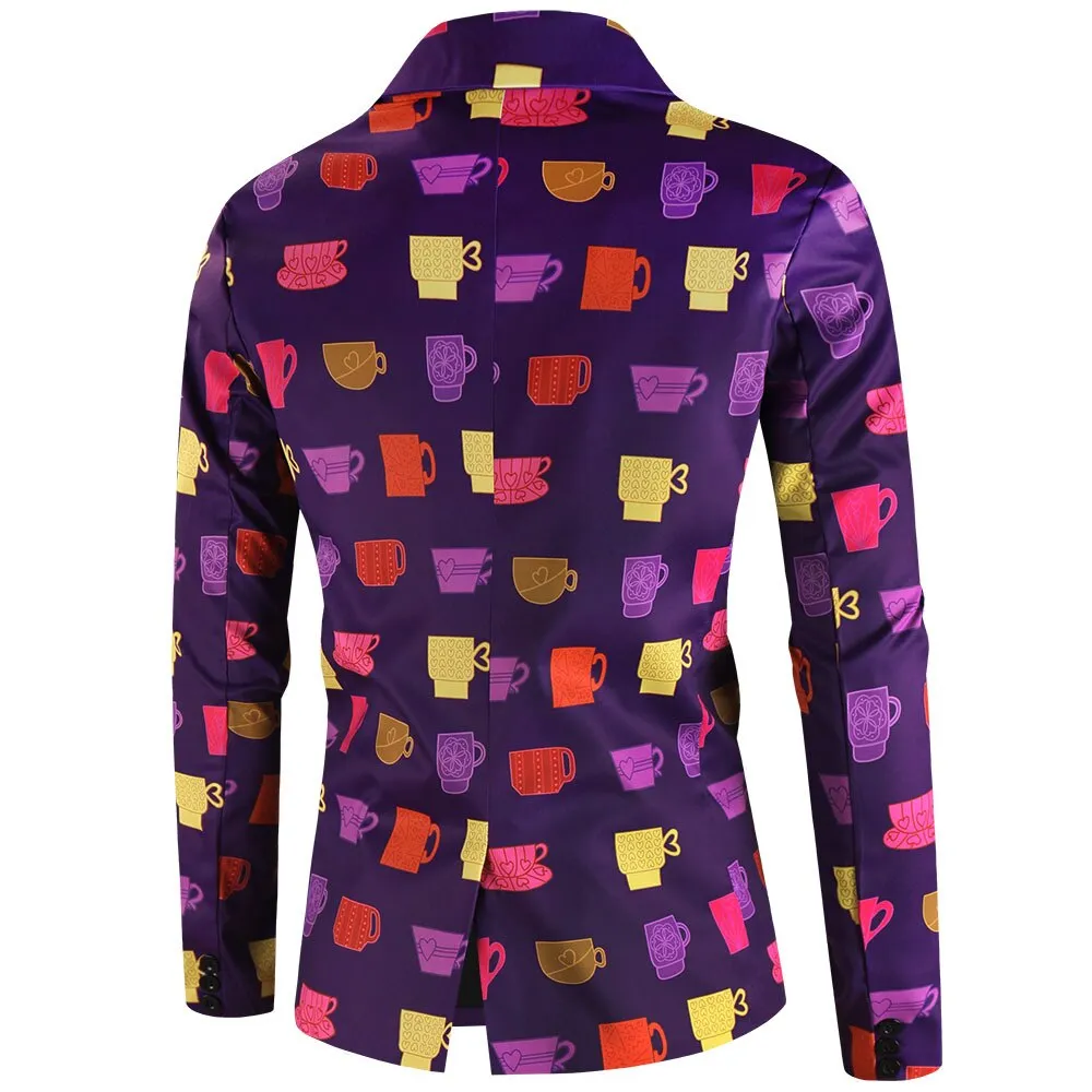 Purple Cute Suits Men's Heart Cup Print Blazer Slim Masculimo Vinatge Dress Club Suit Jackets Homme