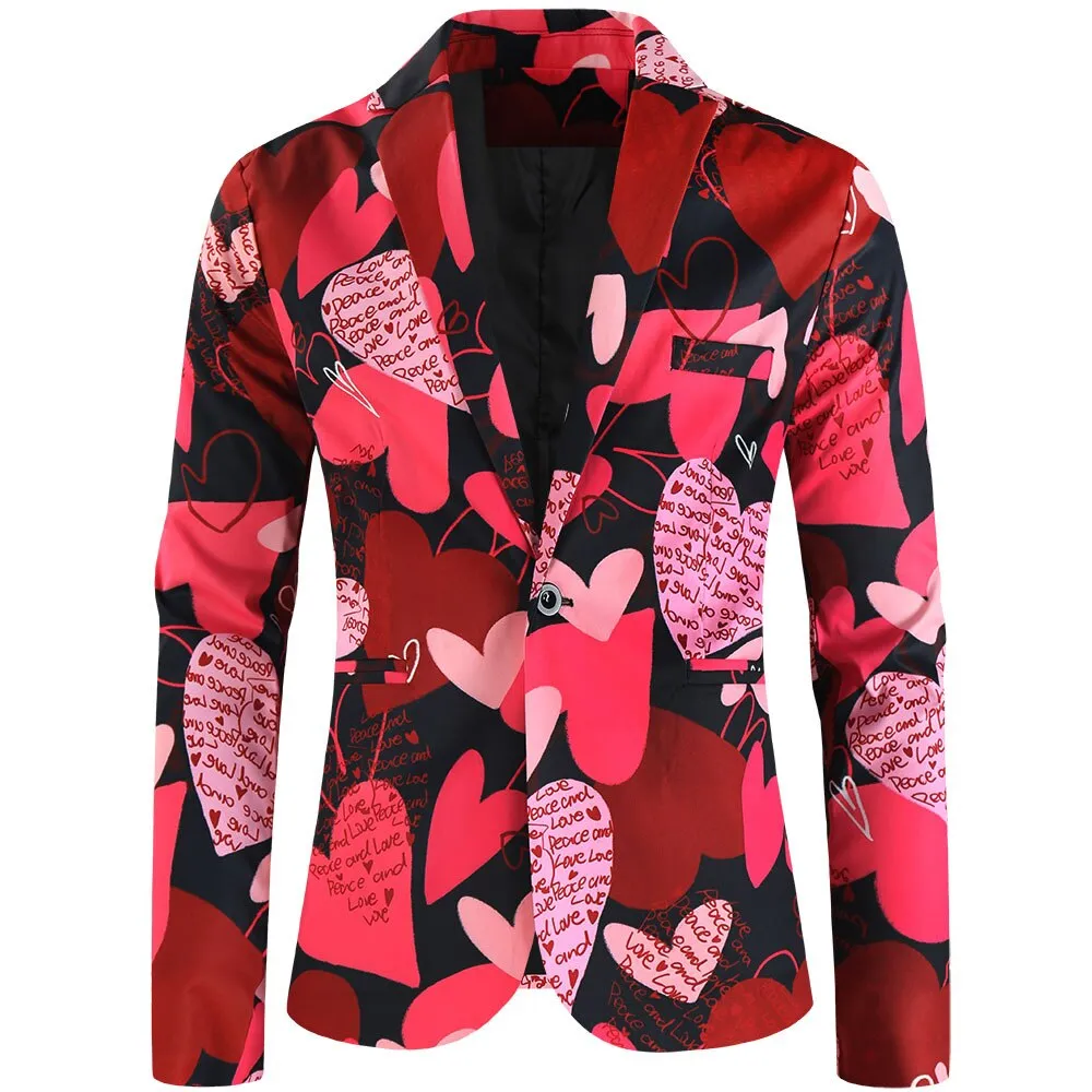 Purple Cute Suits Men's Heart Cup Print Blazer Slim Masculimo Vinatge Dress Club Suit Jackets Homme