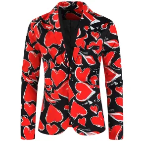 Purple Cute Suits Men's Heart Cup Print Blazer Slim Masculimo Vinatge Dress Club Suit Jackets Homme