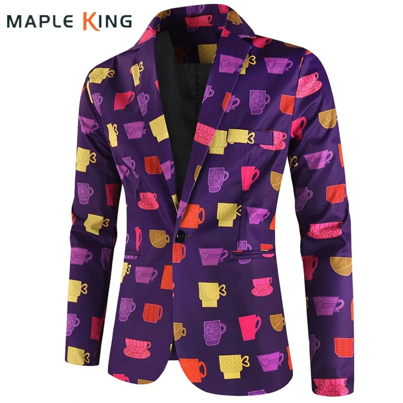 Purple Cute Suits Men's Heart Cup Print Blazer Slim Masculimo Vinatge Dress Club Suit Jackets Homme