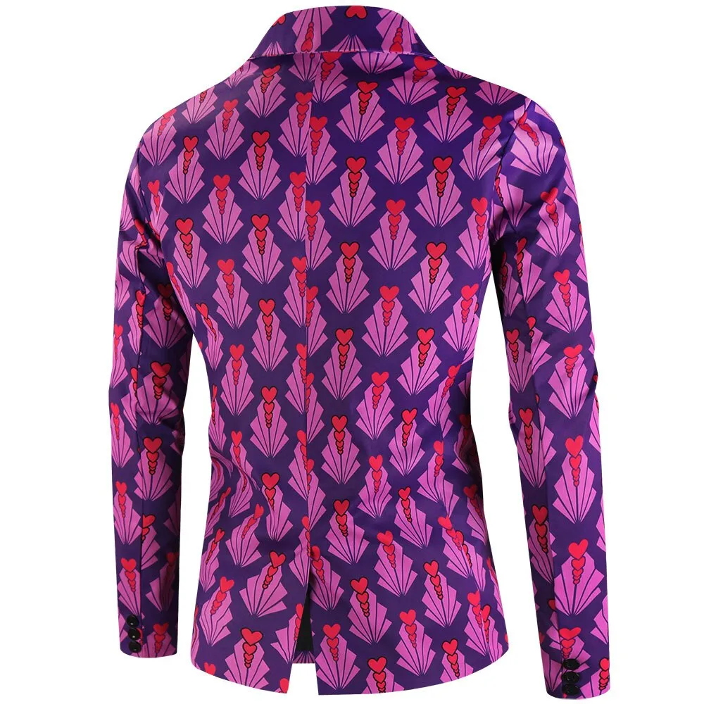 Purple Cute Suits Men's Heart Cup Print Blazer Slim Masculimo Vinatge Dress Club Suit Jackets Homme