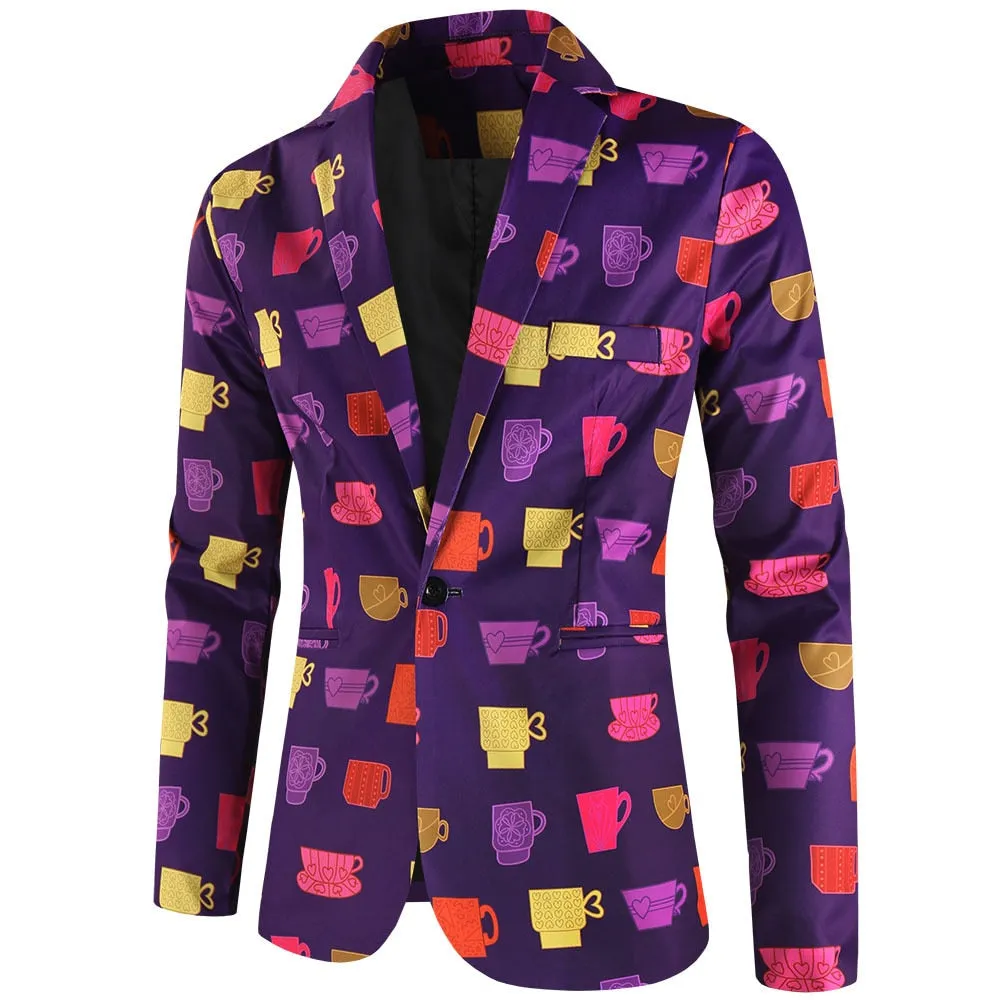 Purple Cute Suits Men's Heart Cup Print Blazer Slim Masculimo Vinatge Dress Club Suit Jackets Homme