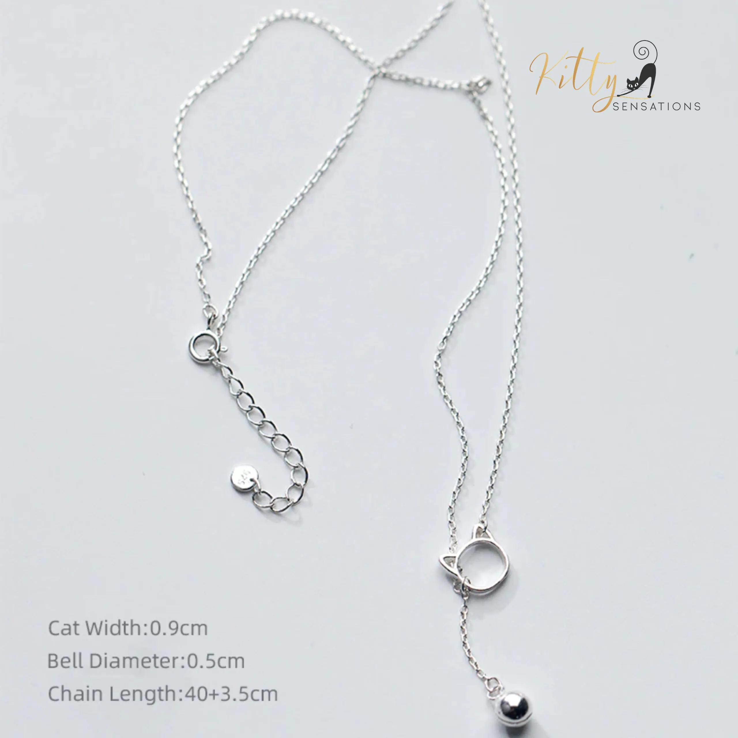 Purrfection Cat Necklace with Hanging Bell Charm in Solid 925 Sterling Silver