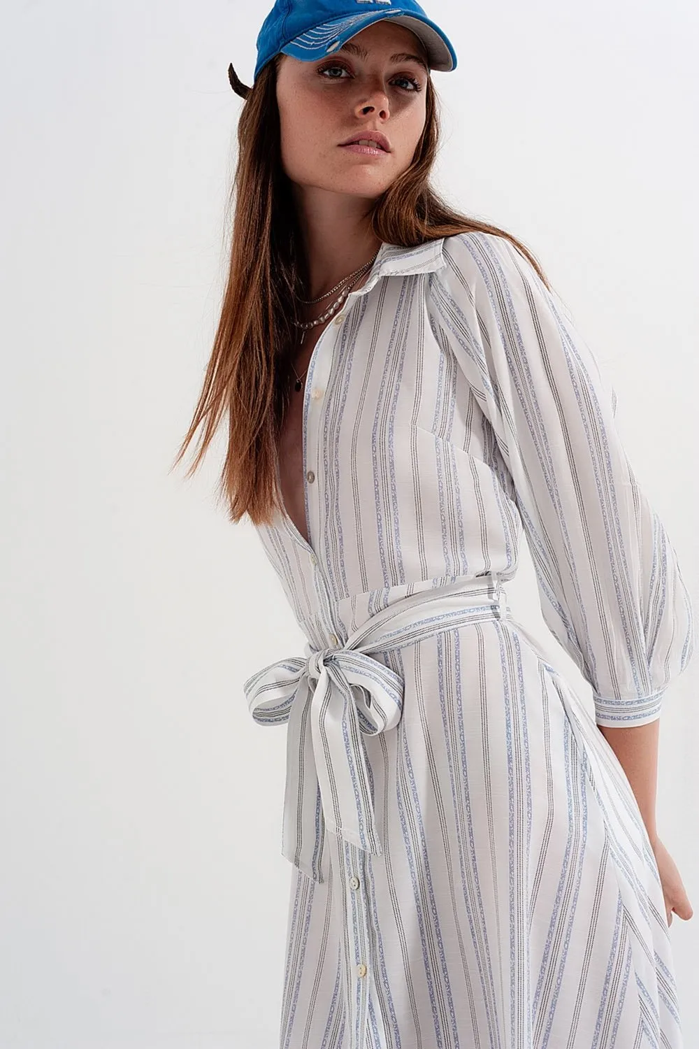 Q2 Button Through Smock Midi Dress in Stripe