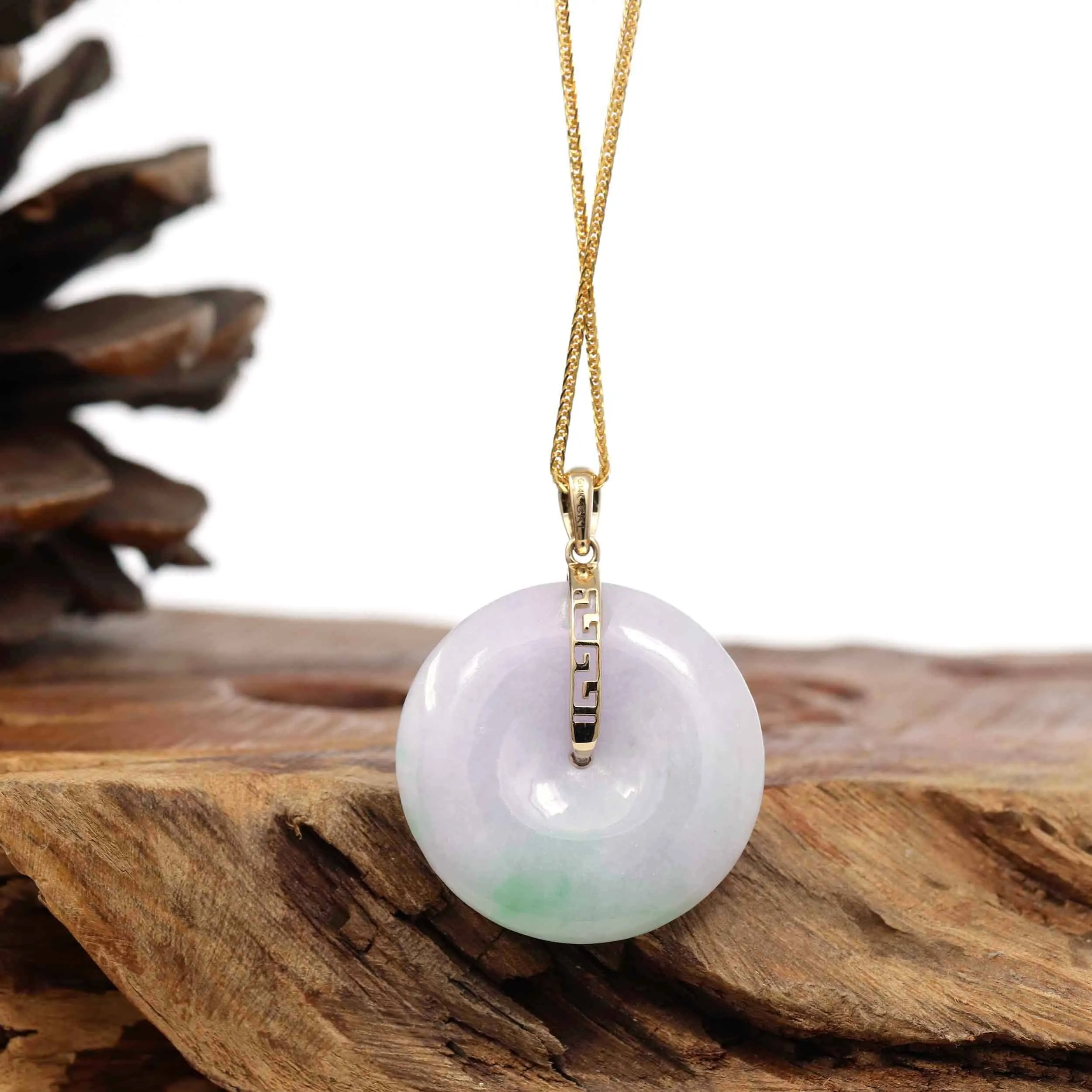 "Good Luck Button" Lavender Jadeite Jade Lucky KouKou Pendant With 14K Yellow Gold Bail