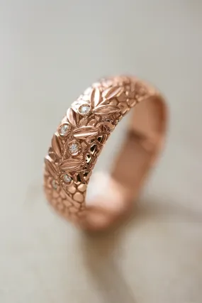 READY TO SHIP: Leaf wedding band in 14K rose gold, natural diamonds, RING SIZE 6.5 US