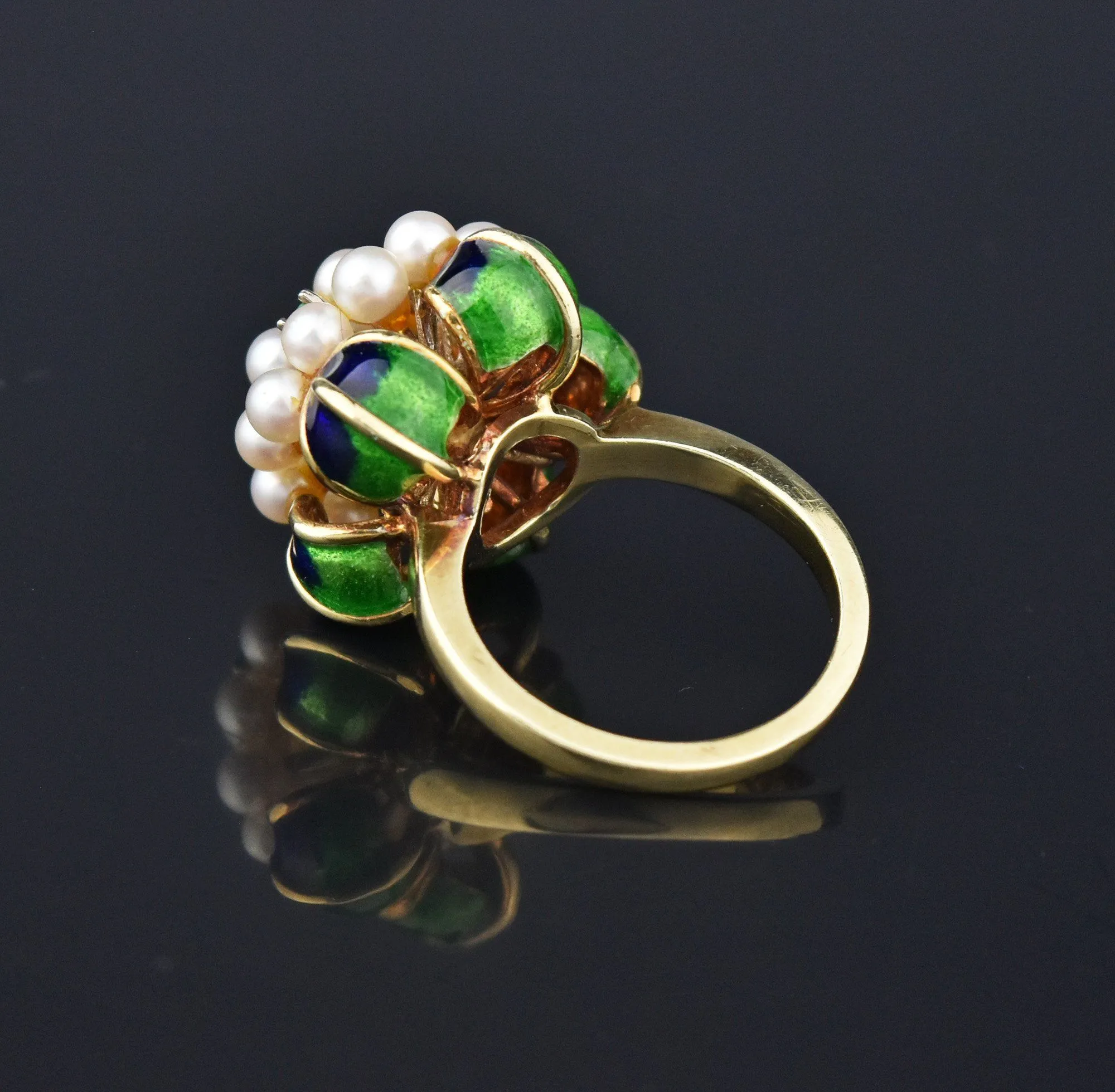 Retro Pearl Diamond and Emerald 14K Gold Cocktail Ring