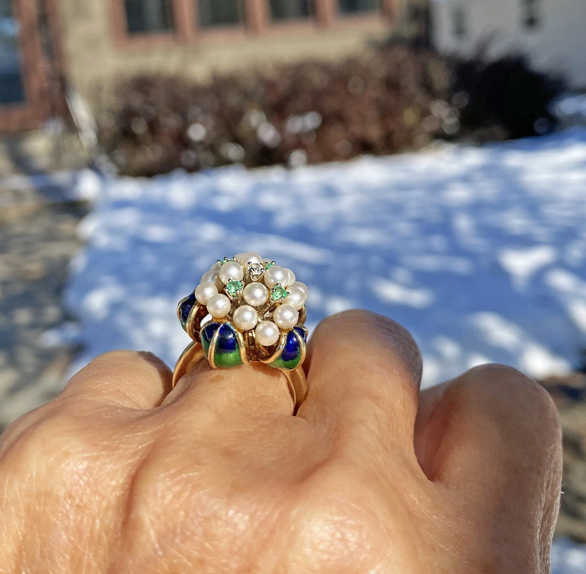 Retro Pearl Diamond and Emerald 14K Gold Cocktail Ring