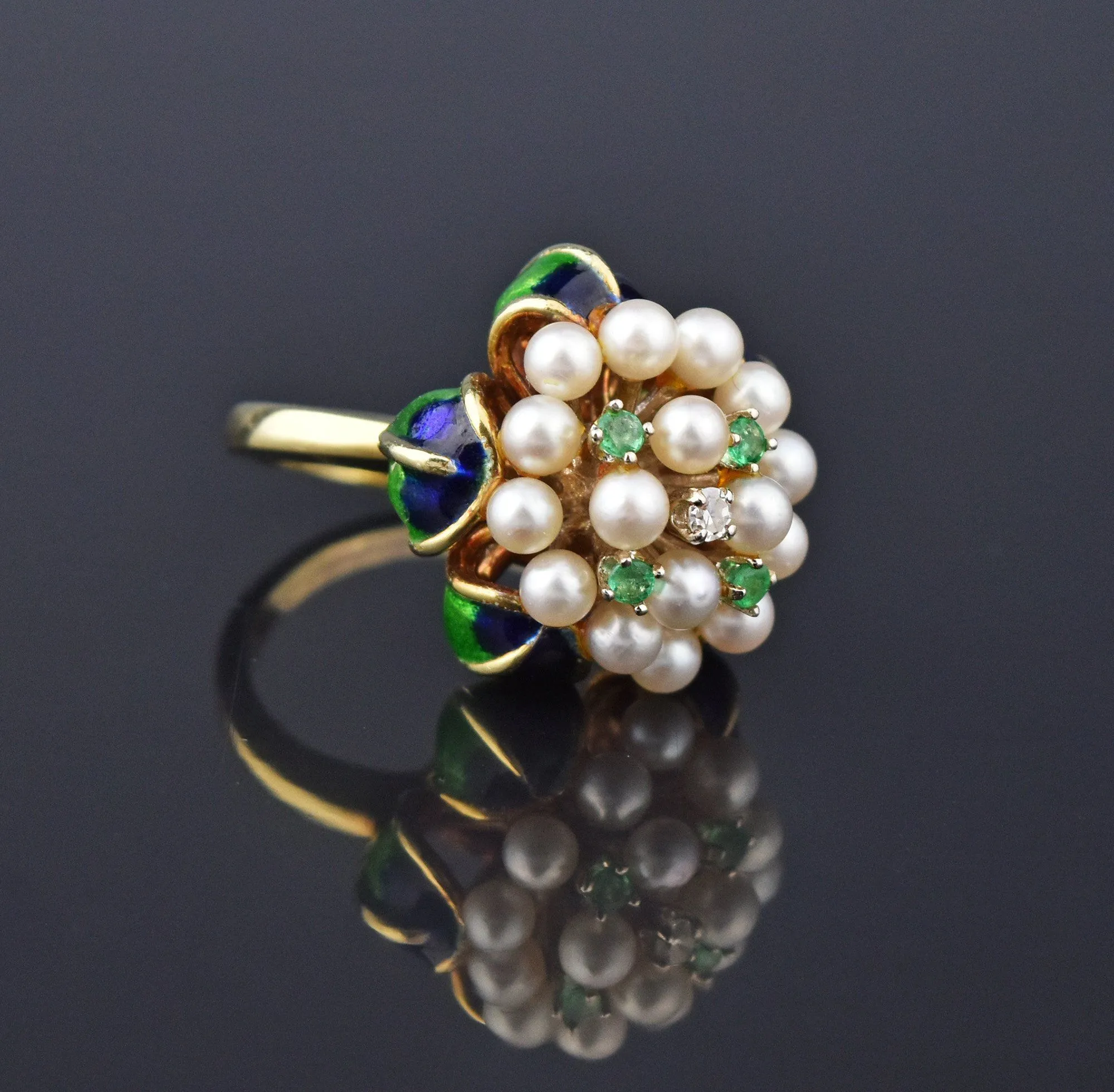 Retro Pearl Diamond and Emerald 14K Gold Cocktail Ring