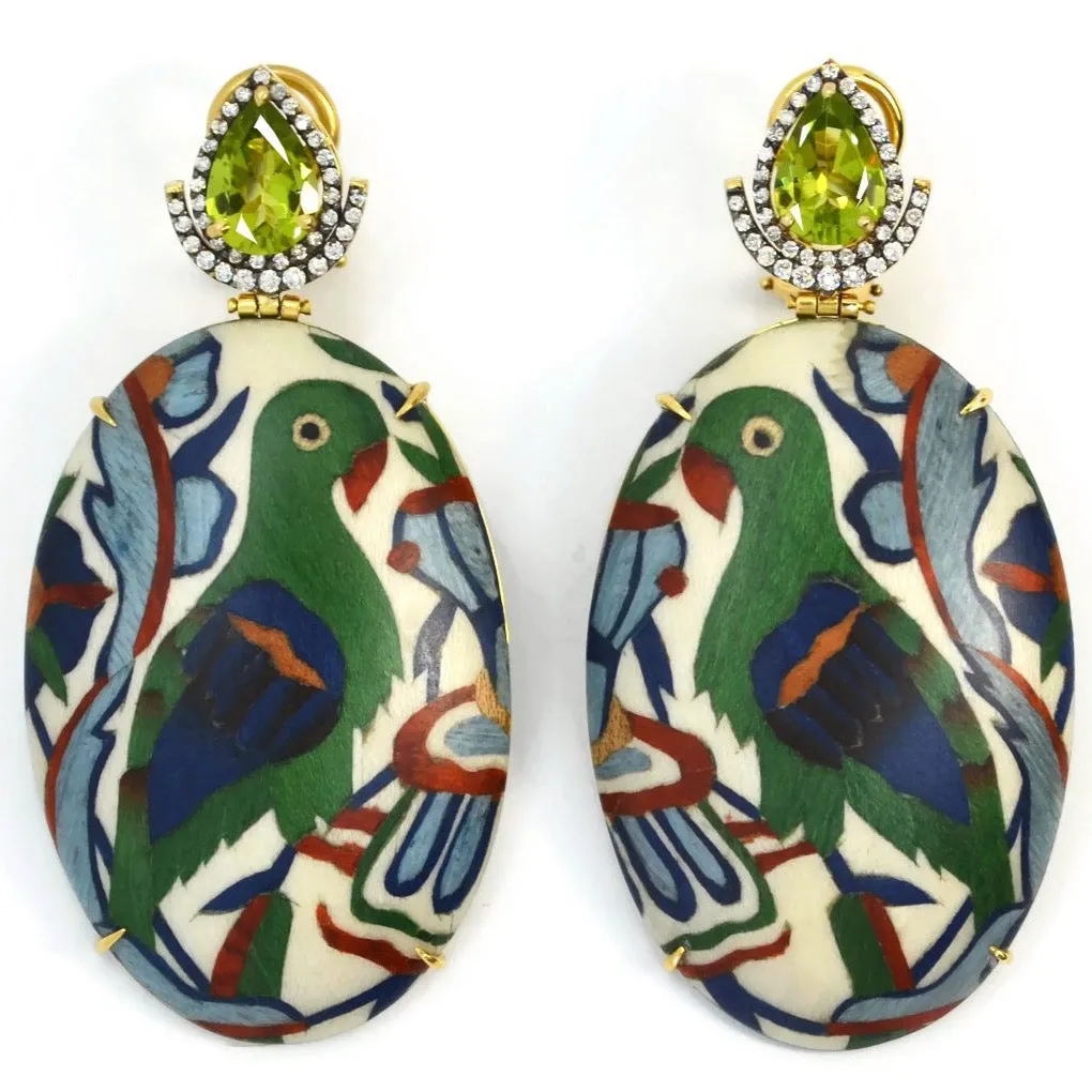 Silvia Furmanovich - Drop Earrings with Parrot Marquetry, Peridot and Diamonds, 18k Yellow Gold