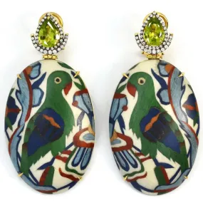 Silvia Furmanovich - Drop Earrings with Parrot Marquetry, Peridot and Diamonds, 18k Yellow Gold