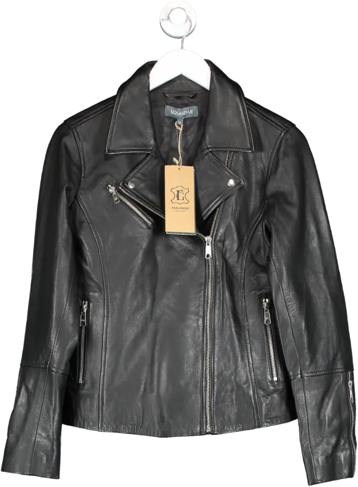 SOSANDAR Black Leather Biker Jacket UK 12