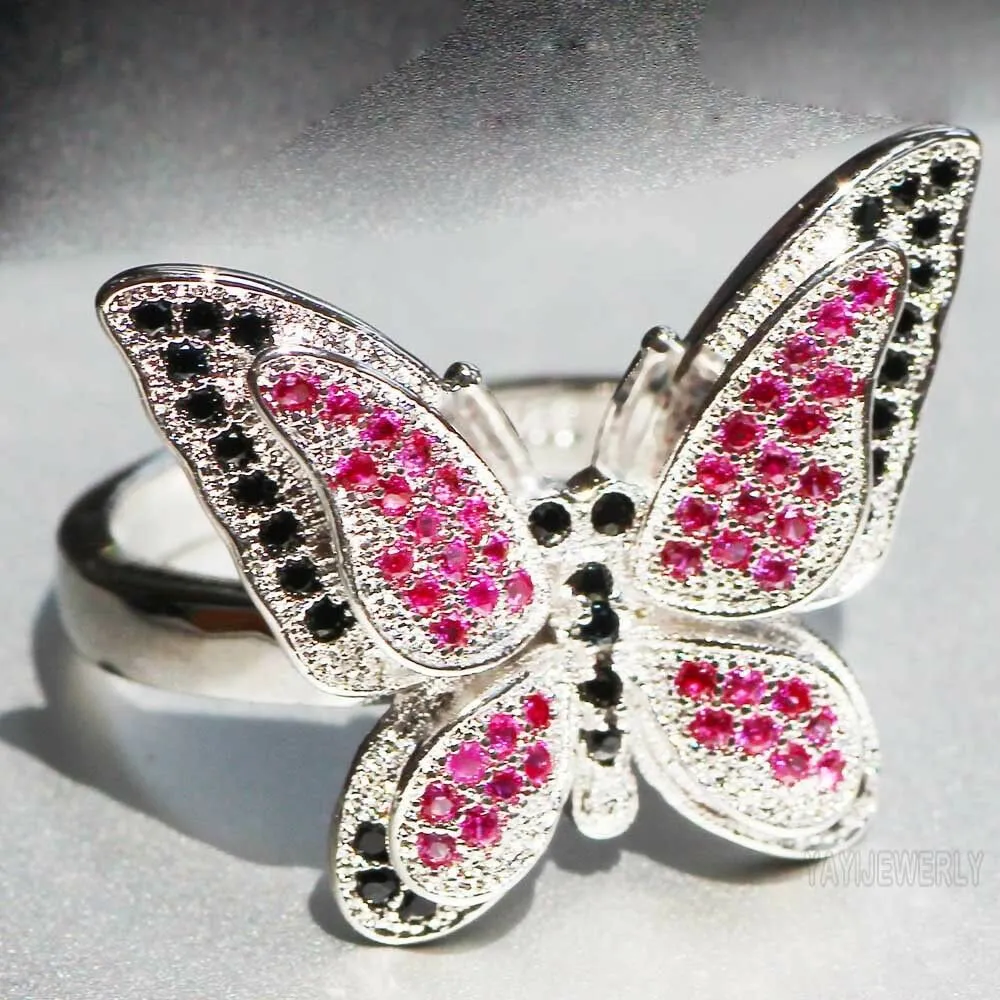 Sterling Silver Pink Black Micro-Pave Butterfly Ring