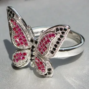 Sterling Silver Pink Black Micro-Pave Butterfly Ring