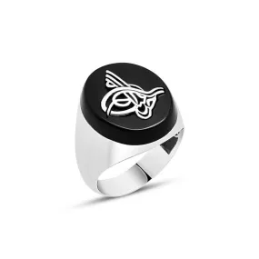 Tughra on Black Ellipse Onyx Stone Silver Men's Ring