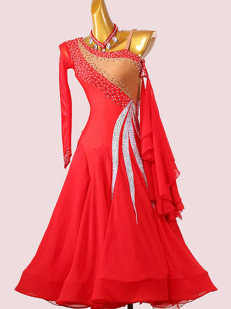 Unique One Sleeve Red Ballroom Dress | MD1236